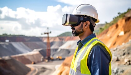 Worker in VR headset at mining site