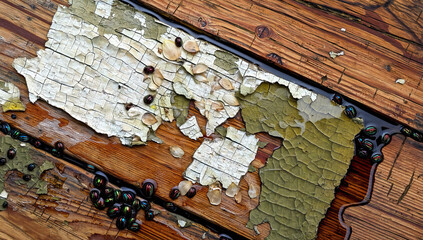 Iridescent Beetles and Cracked Paint on Wooden Surface