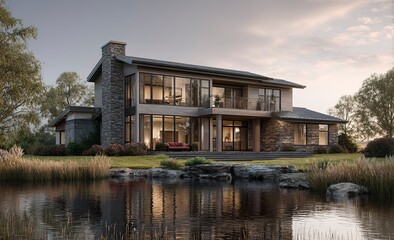 Obraz premium A two-story luxury home with large windows and a lake in front, in a photorealistic style