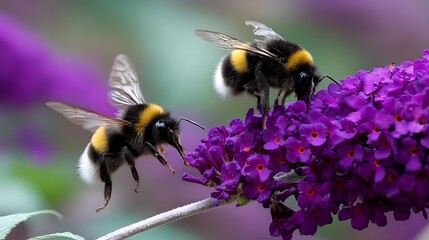 Bumblebees feeding on purple Buddleja flower with pollination in garden closeup.