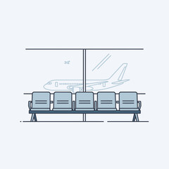 Illustration of airport seating with a plane outline in the background.