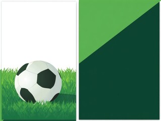 Soccer ball resting on green grass against a two-toned green background; one side features a white space, the other a diagonal split of light and dark green