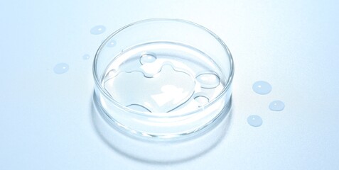 Cosmetic product in Petri dish on light blue background, closeup