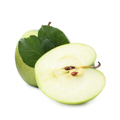 Cut, whole apples and leaves isolated on white