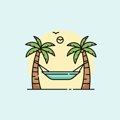 Tropical scene with palm trees hammock and sun against a light blue background.