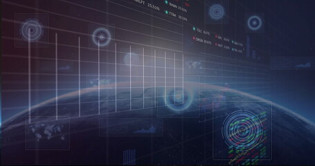 Obraz premium Displaying digital Earth globe emerging from dark grid space, with translucent HUD targets