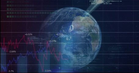 Digital 3D Earth globe shining in data interface, with gridlines, line graphs and percentage labels