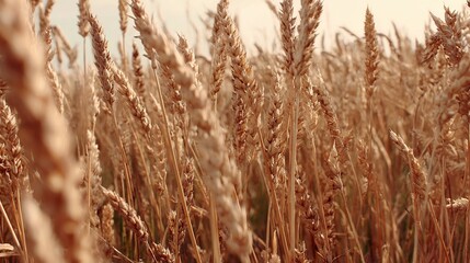 Fototapeta premium Close-up of a wheat field, showcasing golden grains under soft, warm light