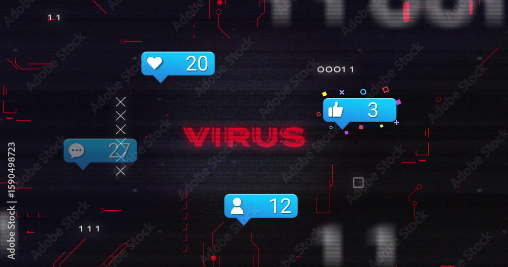 Poster Displaying glitching interface showing red VIRUS text on screen, with blue alerts and binary digits