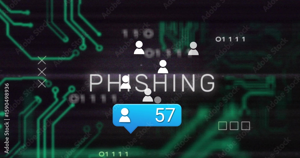 Fototapete displaying phishing text pulsing on dark interface, with user icons and blue notification bubble