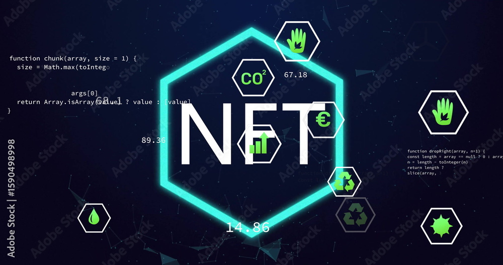 Poster displaying neon-green hexagon featuring nft text on virtual interface, with metrics icons and code