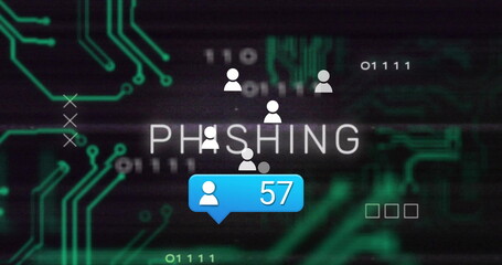 Displaying PHISHING text pulsing on dark interface, with user icons and blue notification bubble