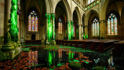 Church Interior with Flooded Nave, Moss, and Green Lighting