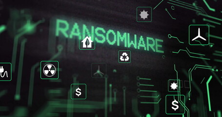Displaying ransomware text hovering over circuit board, with nuclear hazard and dollar sign icons