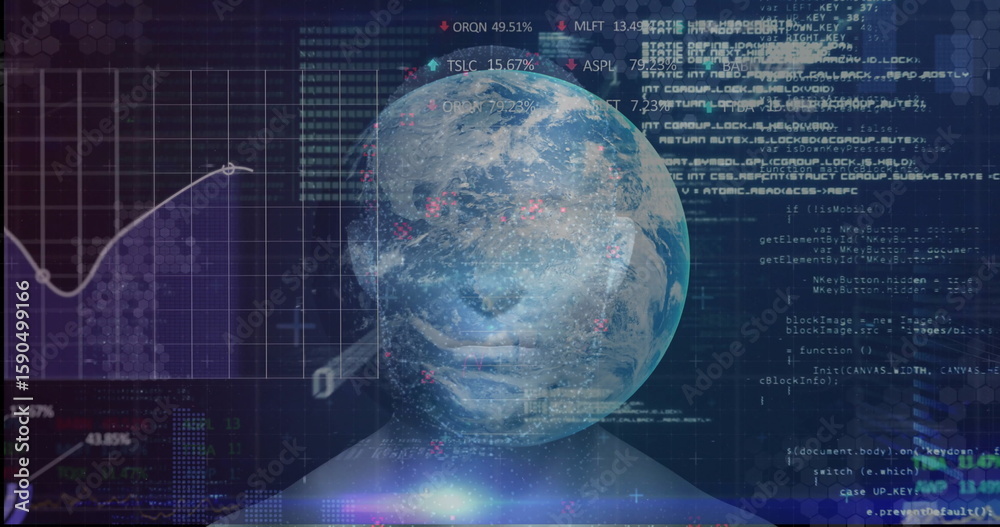 Poster displaying bust silhouette topped by rotating earth globe over data interface, with code streams