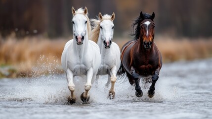 Majestic icelandic horses galloping in wild waters of Icelandic countryside