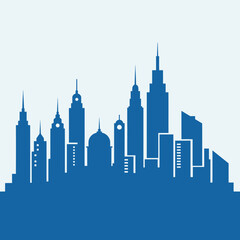 Obraz premium Silhouette of a city skyline with various tall buildings against a light background.