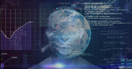 Displaying bust silhouette topped by rotating Earth globe over data interface, with code streams