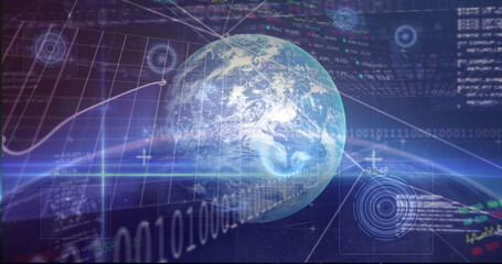 Rotating 3D Earth globe displaying stock charts in virtual high-tech interface, with binary streams