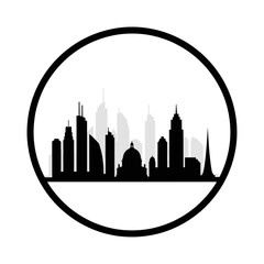 Obraz premium Silhouette of a city skyline inside a black and white circular frame.