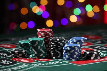 Casino chips on roulette table against blurred lights, closeup
