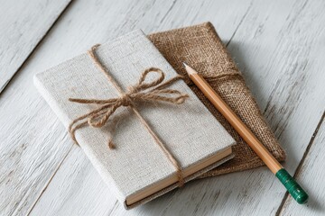 A rustic notebook and pencil tied with twine
