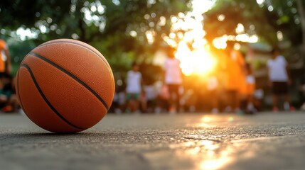 Golden hour basketball ball rests on the court as players gather nearby
