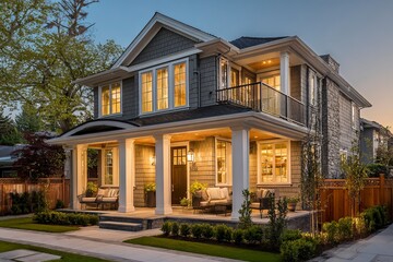 Obraz premium A new luxury home exterior at dusk, with a porch and front yard illuminated by warm lights. A two-story craftsman-style house in grey shingle and white trim. The scene includes a green grass lawn, 
