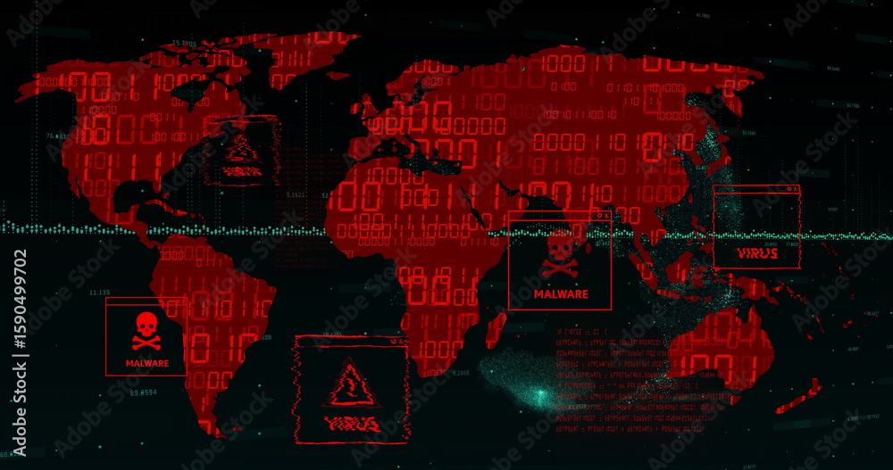 Poster Displaying red world map highlighting malware and virus alerts on dark screen, with binary overlay