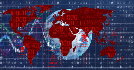 Displaying red world map overlaying globe in data panel, with financial charts and VIRUS warnings