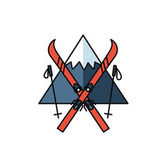 A mountain logo featuring crossed skis and a snowy peak.