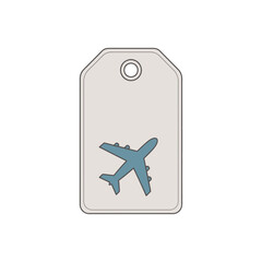 A stylized tag icon featuring a blue airplane silhouette.