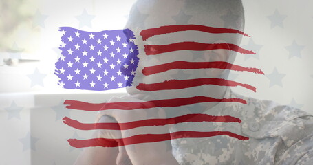 Sitting soldier resting chin on hand, thinking near window in military room, with US flag overlay