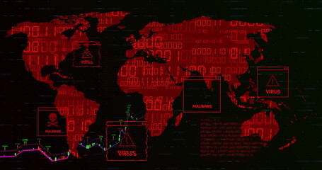 displaying red world map tracking malware virus threats on computer dashboard, with binary overlay