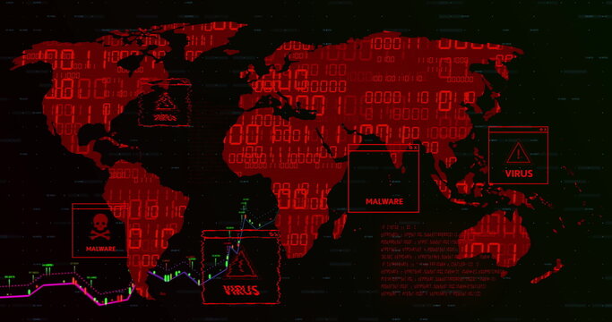 displaying red world map tracking malware virus threats on computer dashboard, with binary overlay