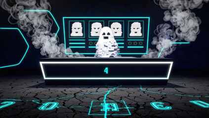 Pixelated Ghost Figure on Digital Console with Masked Figures