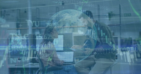 Collaborating data analysts reviewing binary streams in open-plan office, with holographic Earth