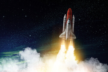 Modern space rocket in beautiful starry sky