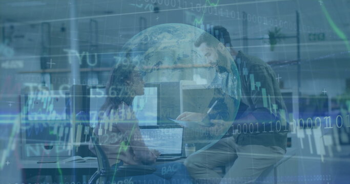 Collaborating data analysts reviewing binary streams in open-plan office, with holographic Earth