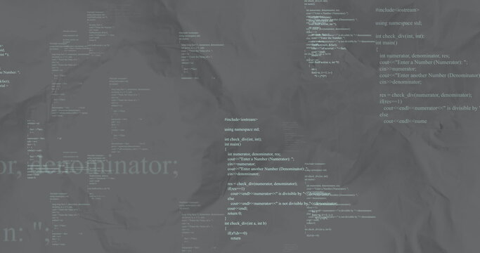 Displaying central cluster of white C++ code forming block on crumpled gray backdrop, coding theme