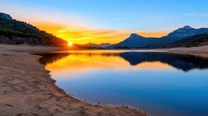 Golden sunset over Riano reservoir casting reflections on calm waters