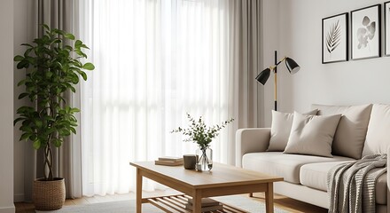 Modern minimalist living room interior design featuring a beige sofa, coffee table, and potted plant.