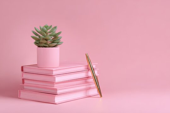 Stack of pink books with a succulent and pen