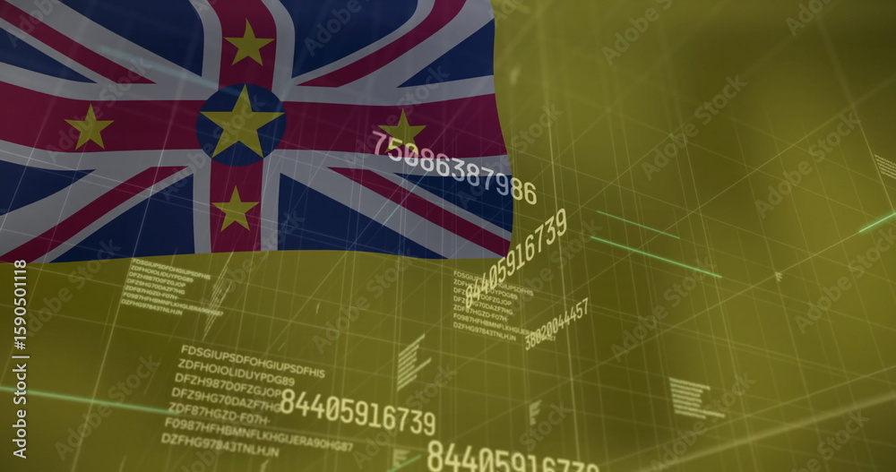 Poster waving niue flag floating in 3d wireframe grid, with numeric sequences and text blocks, copy space