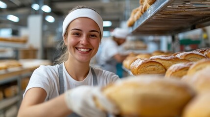 Young female baker skillfully arranging fresh bread on bakery shelf