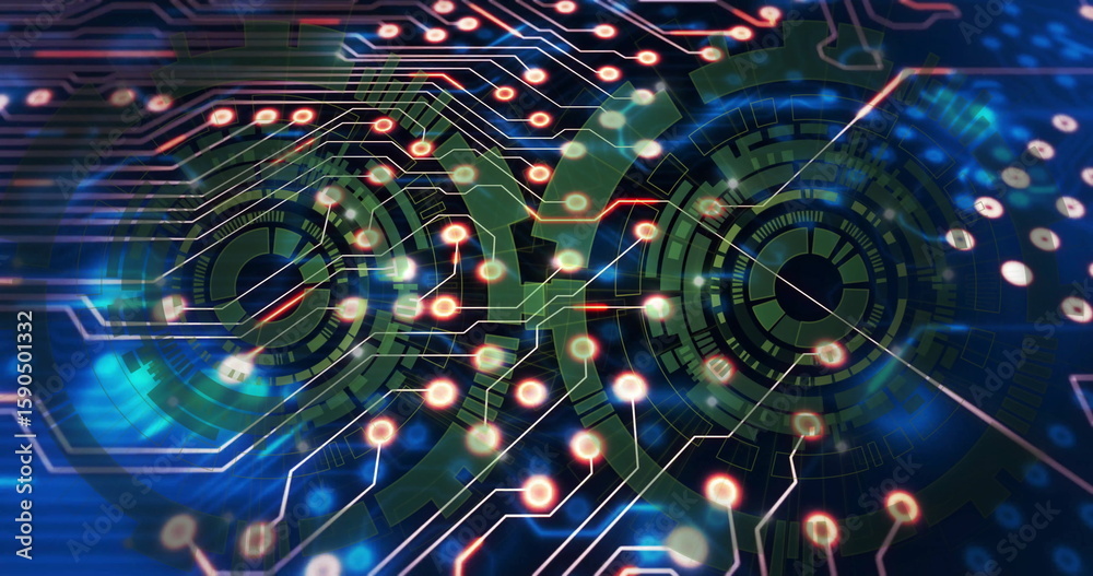 Poster showing concentric ui elements with segmented rings in digital interface with glowing circuitry