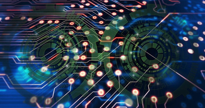 Showing concentric UI elements with segmented rings in digital interface with glowing circuitry