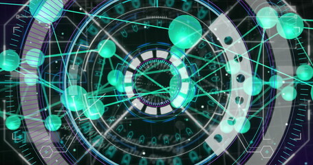 Displaying central circular hub projecting data in virtual cyberspace, with light beams and spheres