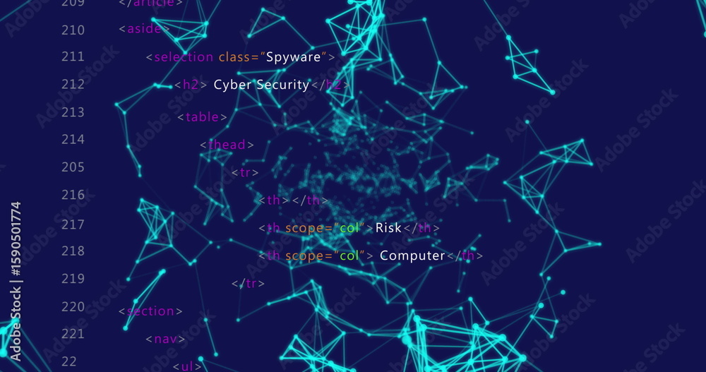 Poster Showing glowing turquoise nodes and polygonal lines with overlaid code snippets in digital mesh