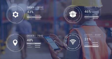 Examining warehouse coordinator in safety vest holding tablet, with data overlays, copy space